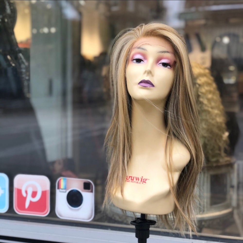 Blonde realistic wig human hair blend.